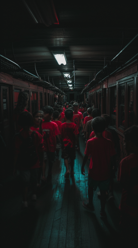 Children in Red Shirts on Dark Creepy Train