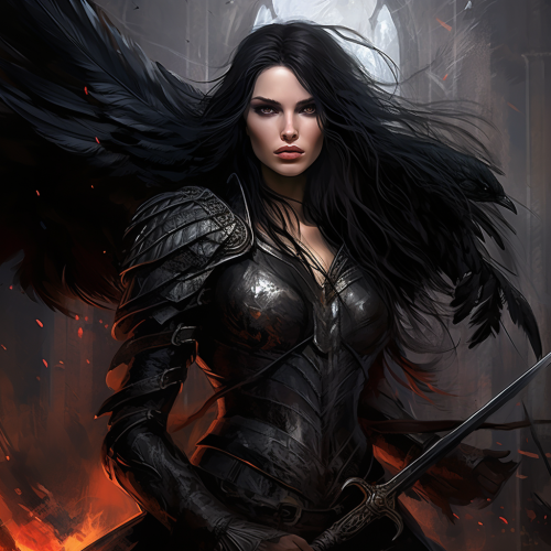 Dark-haired woman in black armor with raven feathers