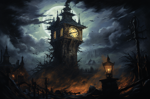 Dark spooky clocktower painting