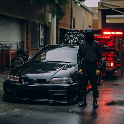 Darth Vader standing next to a black Honda Civic