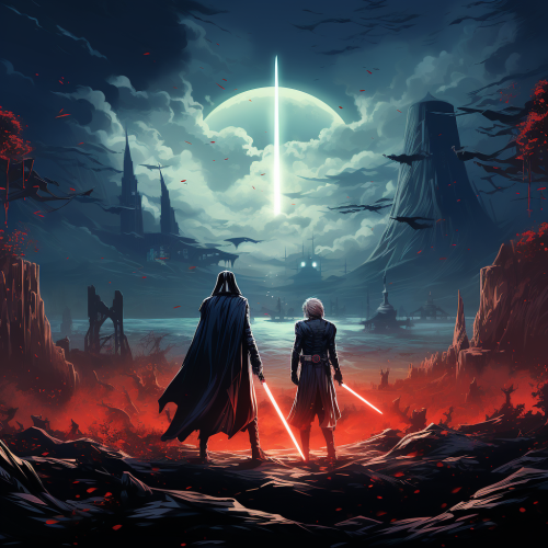 Darth Vader and Obi Wan Kenobi engaged in a fierce fight