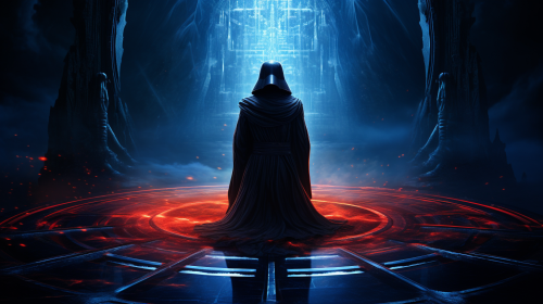 Darth Vader kneeling, Emperor Palpatine walking through portal.