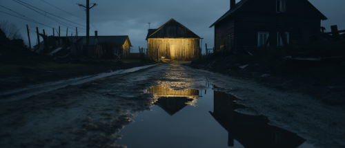 Silhouetted reflection in puddle outside rustic house