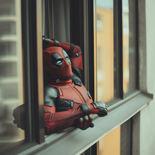 Deadpool lying on glass inside house