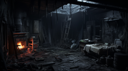 Decay dilapidated house in post-apocalyptic darkness