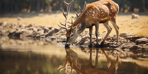 Deer drinking water with reflection in serene nature Deer drinking water with reflection in serene nature