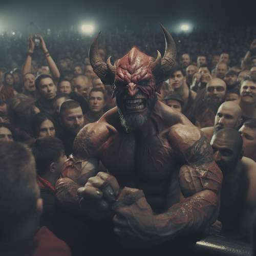 Front view of cheering demon and evils in boxing ring