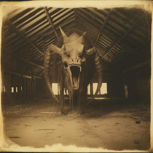 Spooky demonic horse in a barn