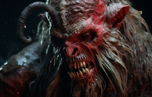 Demonic Krampus face with melting wax and sharp claws