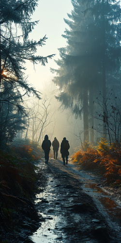 Three runners emerging from dense fog on a dirt road