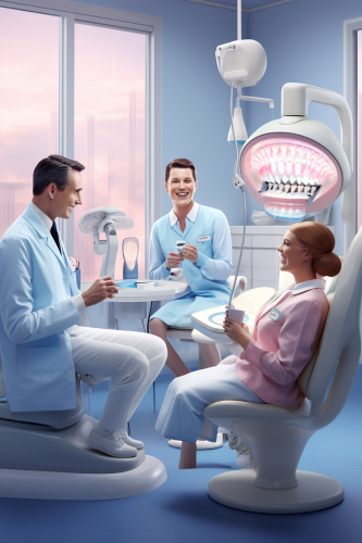 Realistic scene of a dentist clinic with receptionist and AI robot