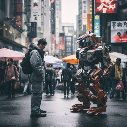 Vibrant cyberpunk mech battle in Tokyo