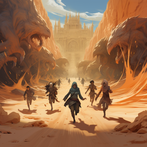 Adventurers running from chasing monsters in desert ruins Adventurers running from chasing monsters in desert ruins