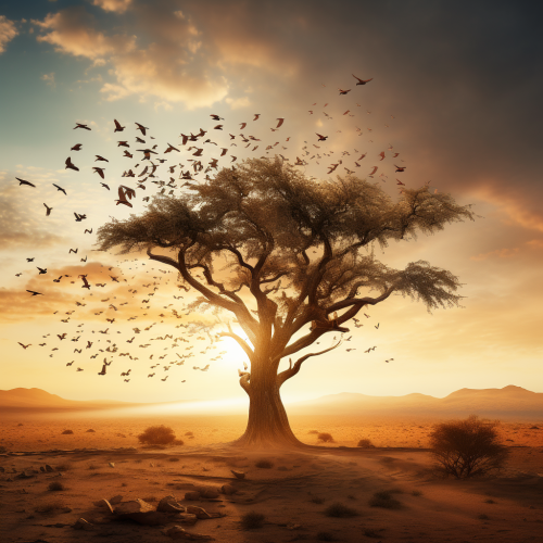 Beautiful desert tree with flying birds Beautiful desert tree with flying birds