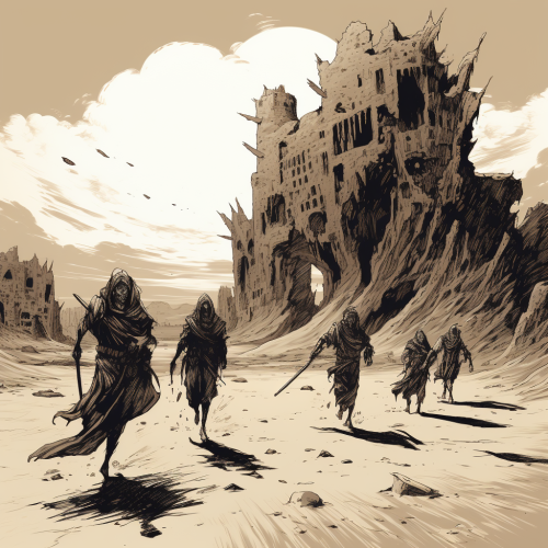 Adventuring party facing mysterious desert monsters