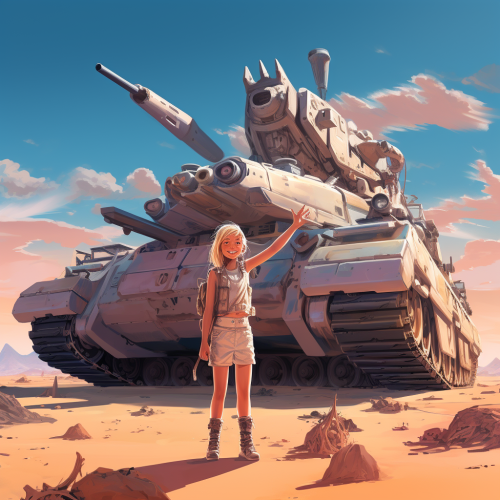 Desert child giving thumbs up in front of tank with flying unicorns