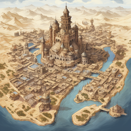 Desert city with river and central tower
