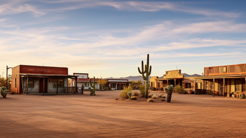 Photorealistic sunrise in a Mexican town with cactus and saloon Photorealistic sunrise in a Mexican town with cactus and saloon