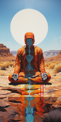 Stone man meditating in desert