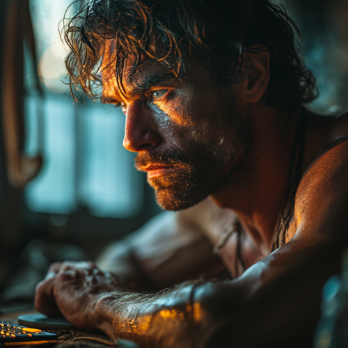 Muscular man sitting at computer with steroids Muscular man sitting at computer with steroids