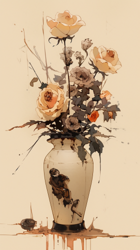 Analog painting of dessert vase with wilted flowers