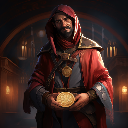 The Drifter holding a red coin in medieval setting