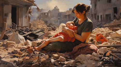 Mother and Child made of stones in destroyed city