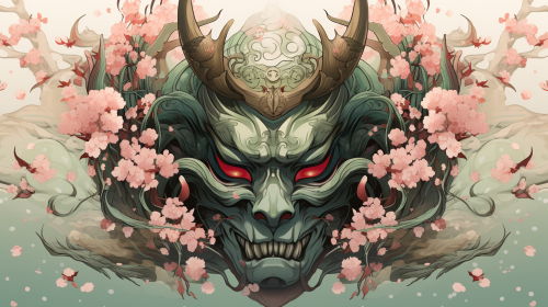 Detailed Oni Mask in Devilish Green, Pink, and Black