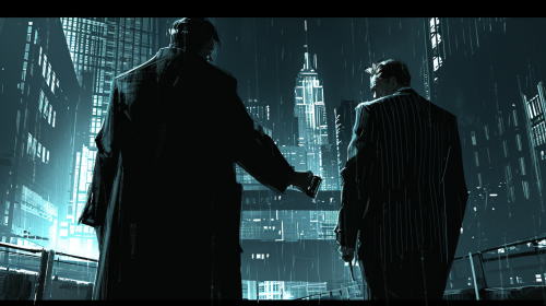 Detective handing cylinder to crime boss Detective handing cylinder to crime boss