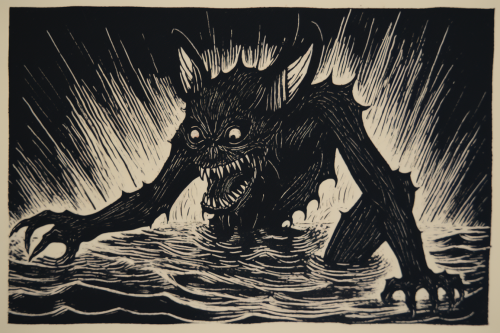 Devil made of water linocut Devil made of water linocut