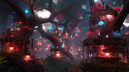 Serene digital forest with gaming consoles and controller cables