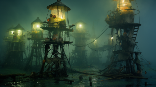 Mystical dilapidated wooden lighthouse surrounded by jellyfish sea
