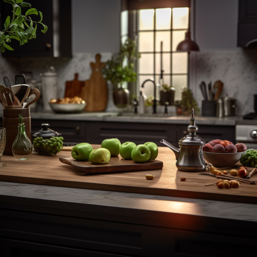 Dimmed wooden kitchen with candle and apple
