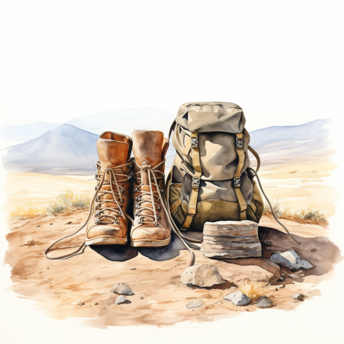 Two pairs of dirty hiking shoes and haversack in front of mountains