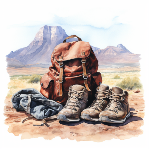 Dirty hiking shoes and haversack in surreal watercolor