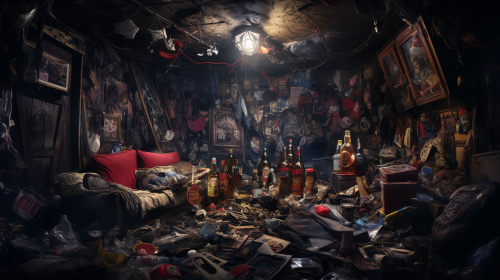 Messy party scene with bottles and trash