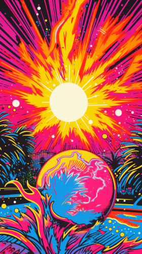 Disco ball on fire LSD trip pop art Disco ball on fire LSD trip pop art