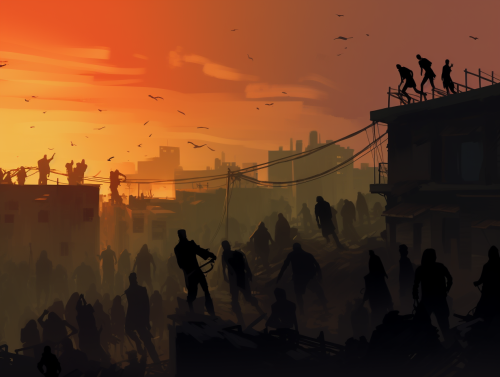 Silhouette of Many Zombie Horde Chasing