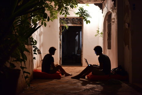 Two European Men Laughing and Talking on Red Moroccan Cushions Two European Men Laughing and Talking on Red Moroccan Cushions