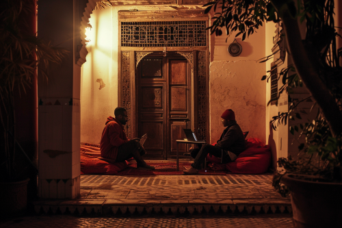 Two men discussing on red Moroccan cushions Two men discussing on red Moroccan cushions