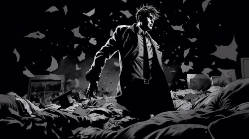 Disheveled young man in suit crossing dark room