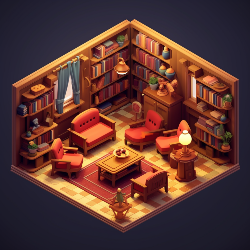Isometric Disney-inspired library room scene