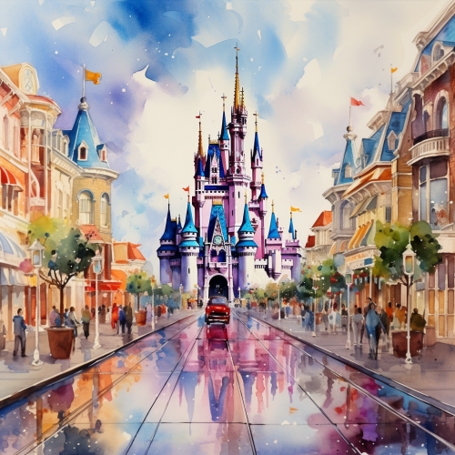 Colorful Disney World Watercolor Illustration with Characters