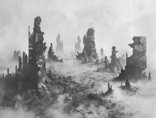 Spiked ruins on black white skyline