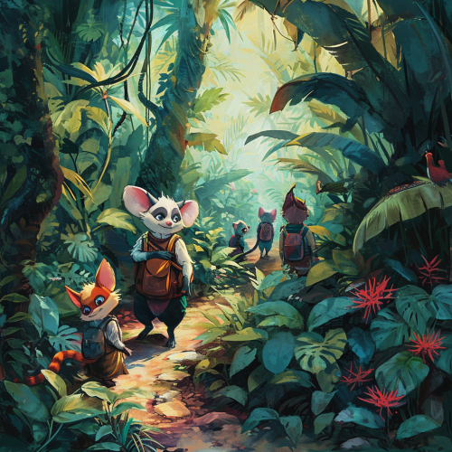 Colorful anthropomorphic jungle animals in rainforest
