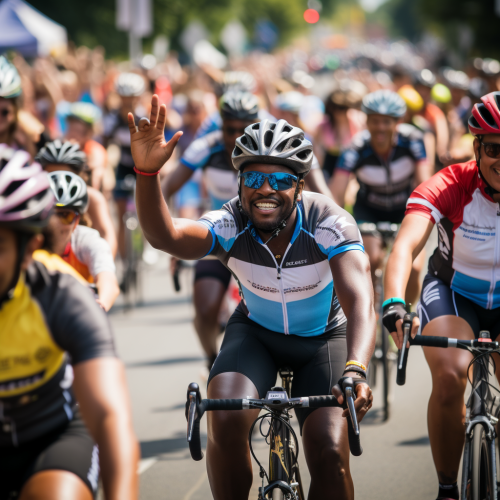 Diverse group cycling in charity event