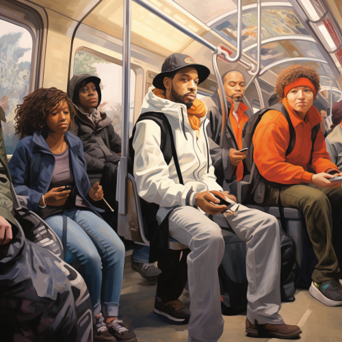 Diverse transit riders in urban setting Diverse transit riders in urban setting