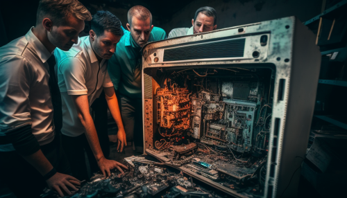 Diverse employees examining computer hardware on fire