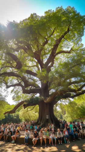 People of diverse ethnicities under oak tree