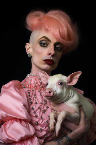 Drag queen Divine holding pig in dress